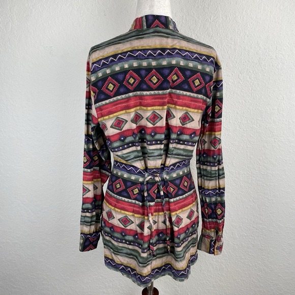 Vtg Anna & Frank S 100% Silk Shirt Aztec Western Tribal Print Cowgirl Button 90s - Picture 4 of 7